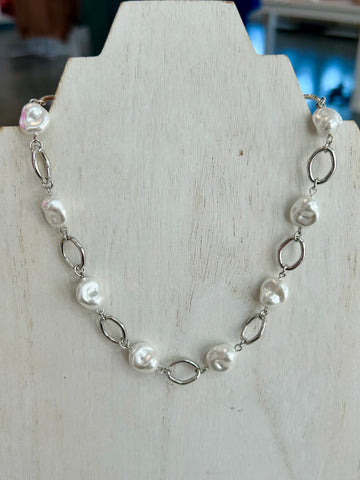 Baroque Pearl Chain Link Necklace - Silver