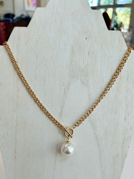 Pearl Pendant Chain Link Necklace - Gold
