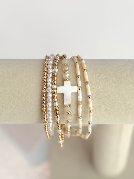 Blessed & Beaded Bracelet Stack - White