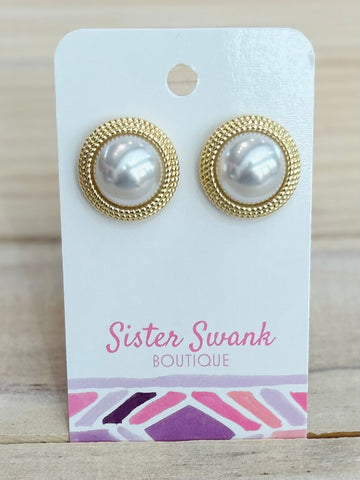 Textured Metal Pearl Stud Earrings - Gold