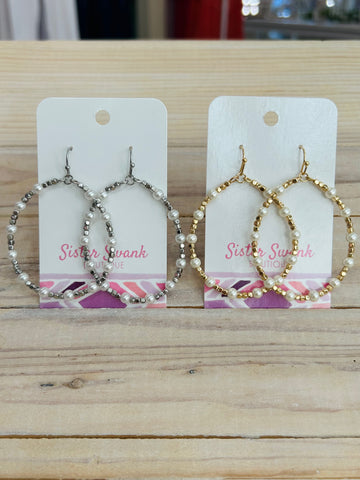 Beaded Hoop Drop Earrings With Pearl & Metal Tones