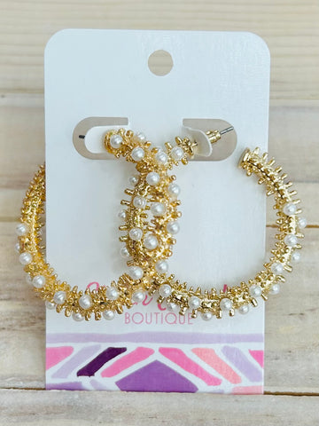 Textured Metal Hoop Earrings With Pearl Details