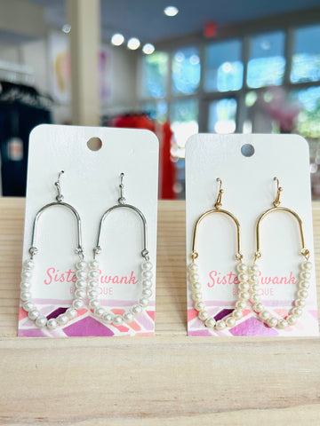 Linked Metal Arch and Pearl Beaded Drop Earrings