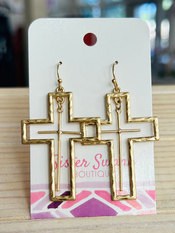 Hammered Metal Cross and Cross Dangle Charm Drop Earrings