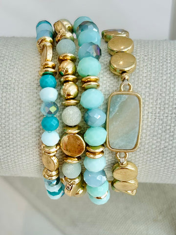 Square Stone Beaded Stretch Bracelet Set - Blue