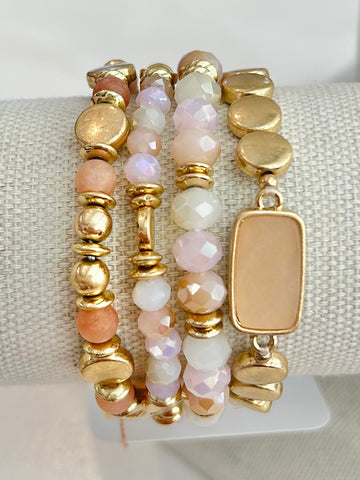Square Stone Beaded Stretch Bracelet Set - Pink