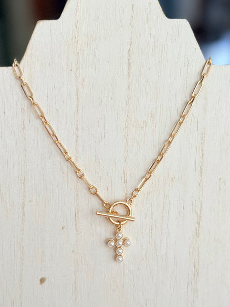 Pearl Cross Toggle Necklace - Gold