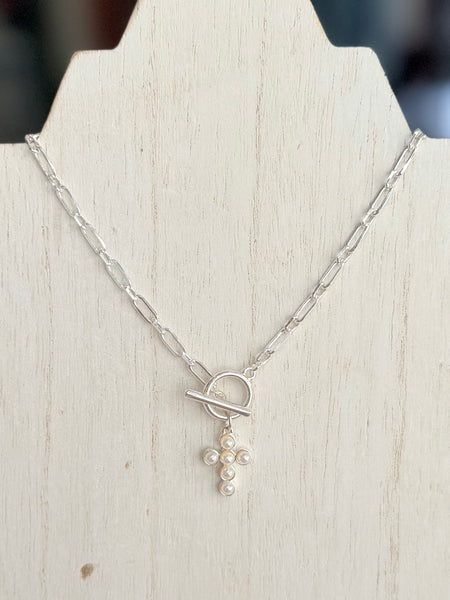 Pearl Cross Toggle Necklace - Silver