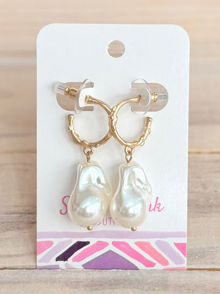 Pearl Charm Hoop Earrings - Gold