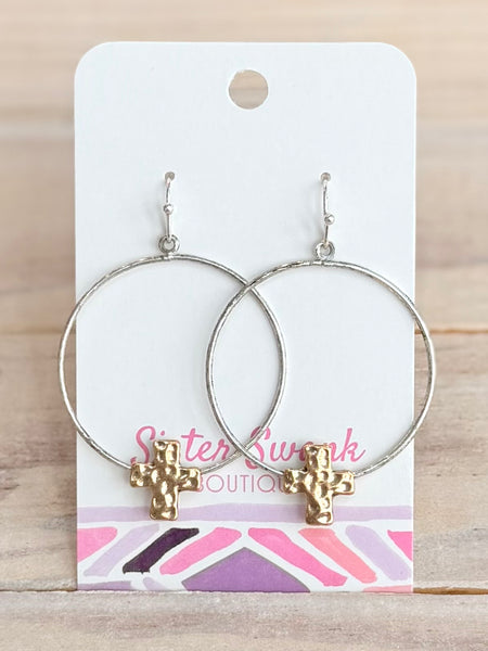 Graceful Cross Hoop Earrings - Silver