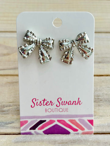 Chunky Metal Tone Bow Post Drop Earrings