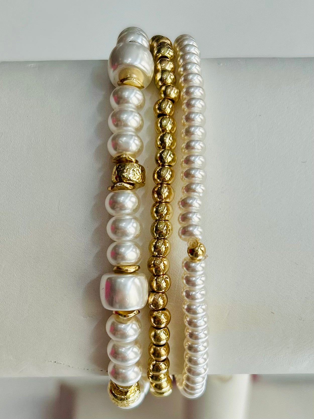 Set of Three Pearl Beaded Stretch Bracelets - Gold