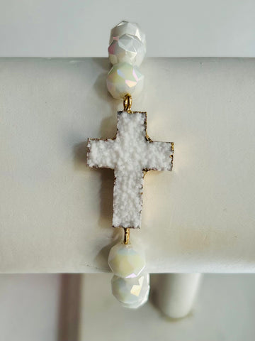 Crystal Cross Beaded Stretch Bracelet - White
