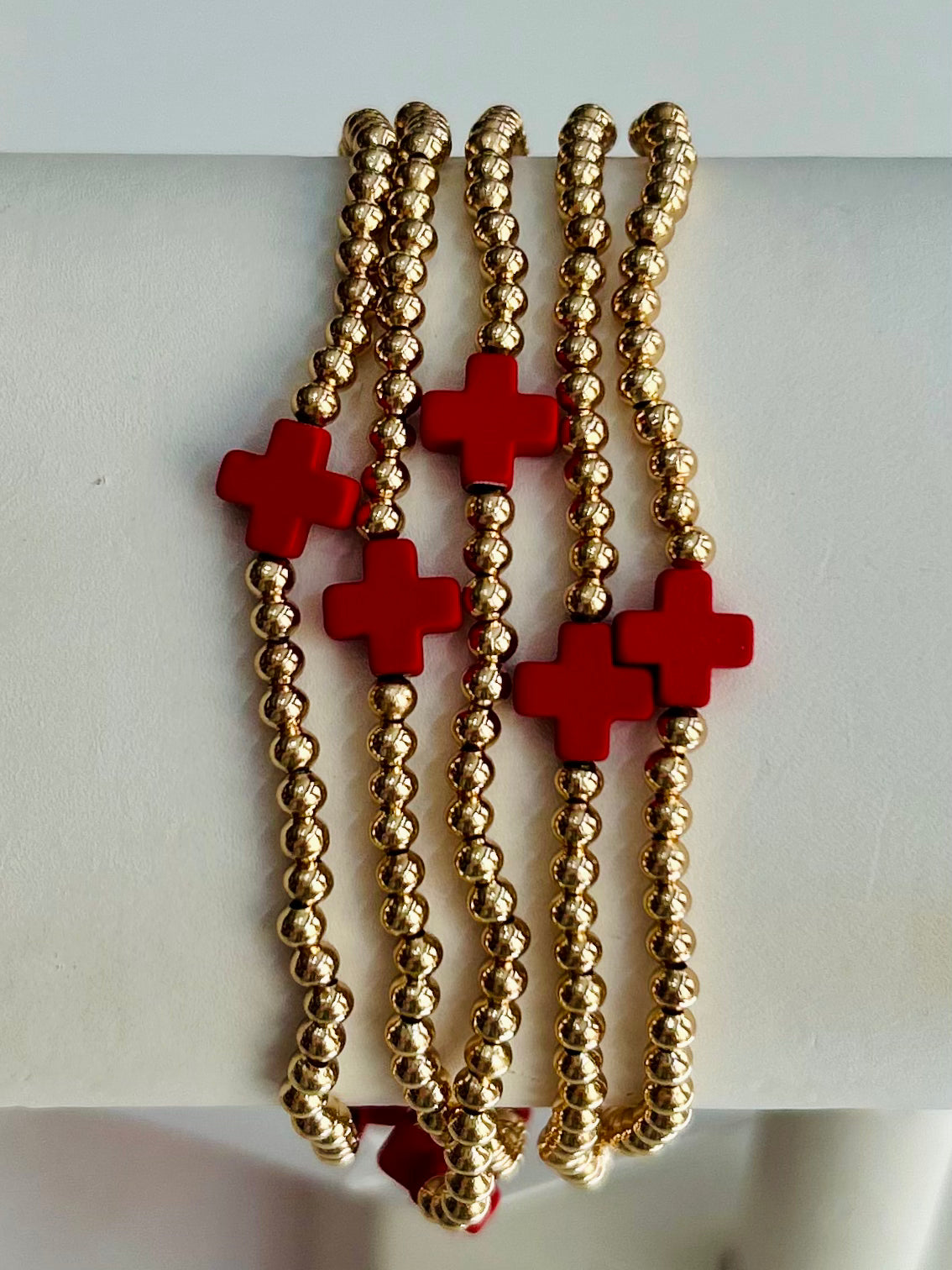 Cross Beaded Stretch Bracelet Set - Red