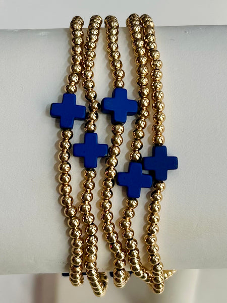 Cross Beaded Stretch Bracelet Set - Blue