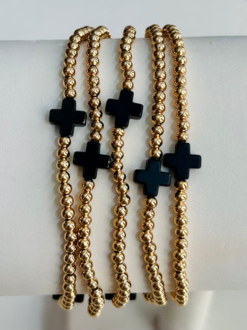 Cross Beaded Stretch Bracelet Set - Black