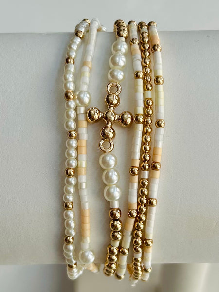 Dainty Cross & Pearl Beaded Stretch Bracelet Set