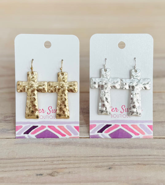 Hammered Cross Drop Earrings