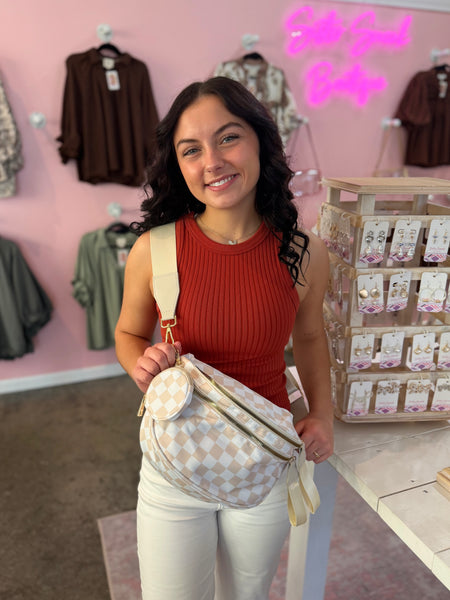 The Go Anywhere Crossbody Bag - Beige Checker