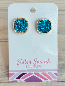 Rounded Glitter Square Stud Earrings - Blue