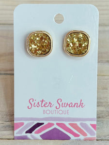 Rounded Glitter Square Stud Earrings - Gold