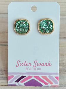 Rounded Glitter Square Stud Earrings - Green