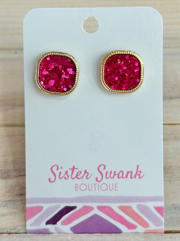 Rounded Glitter Square Stud Earrings - Pink