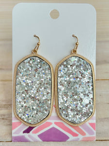 Long Glitter Hexagon Drop Earrings - Silver