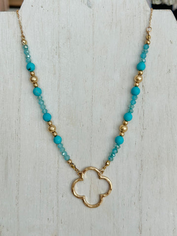 Beaded Necklace with Clover Pendant - Blue