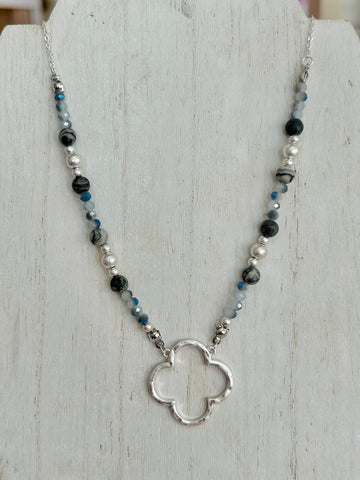 Beaded Necklace with Clover Pendant - Silver