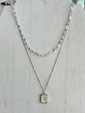 Layered Necklace with Rhinestone Pendant - Silver