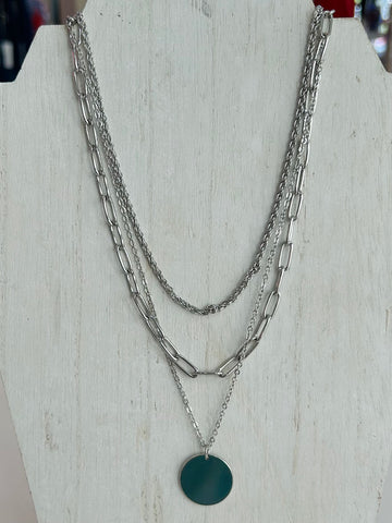 Layered Necklace with Circle Pendant - Silver