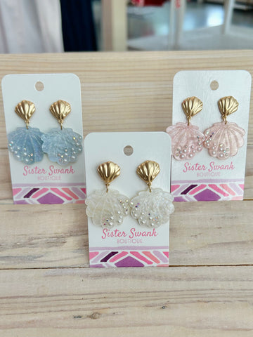 Acetate Shell Drop Earrings With Pearl, Rhinestone, and Glitter Details
