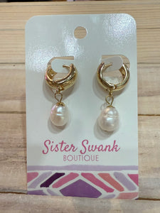 Pearl Charm Huggie Hoop Earrings - Gold