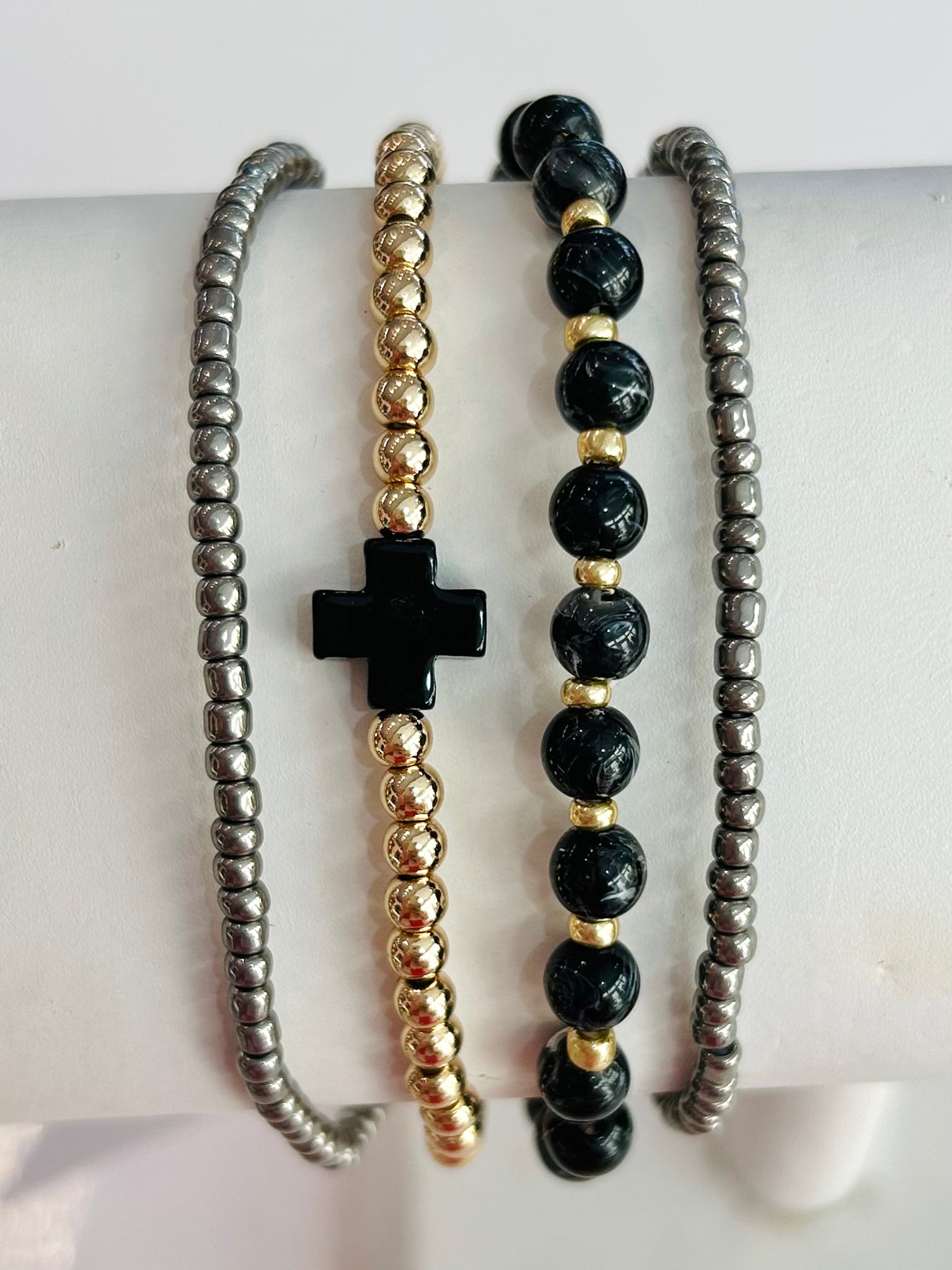 Beaded Bracelet Stack with Cross - Black