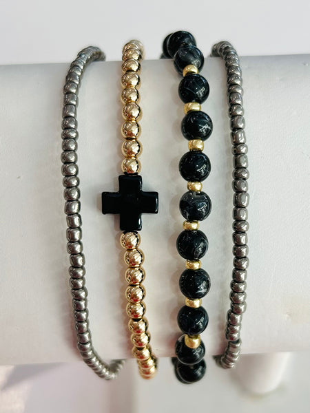 Beaded Bracelet Stack with Cross - Black