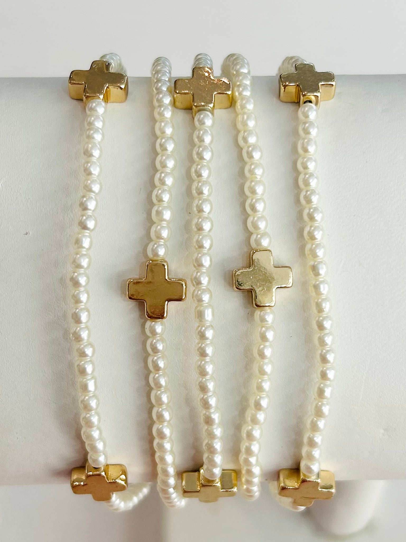 Cross Beaded Stretch Bracelet Set - Gold