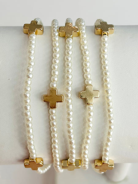 Cross Beaded Stretch Bracelet Set - Gold