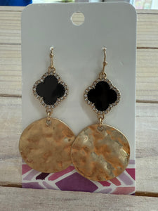 Clover/Hammered Metal Disk Drop Earrings - Black