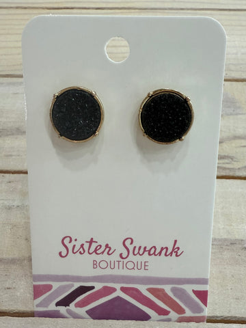 Round Druzy Stud Earrings - Black