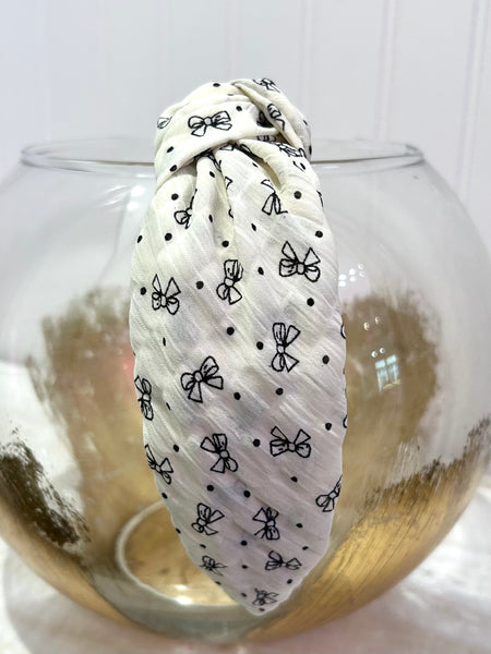 Bow & Polka Dot Knotted Headband - White