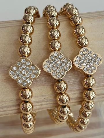 Set of Three Metallic Beaded Stretch Bracelets - Gold