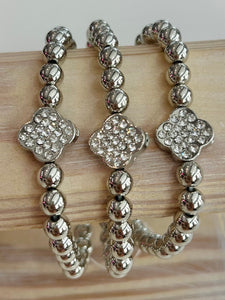 Set of Three Metallic Beaded Stretch Bracelets - Silver