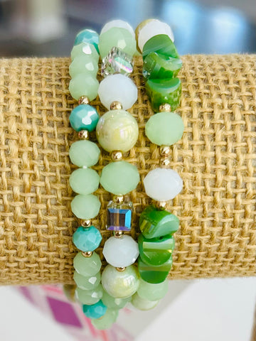 Set Of Three Beaded Stretch Bracelets - Green