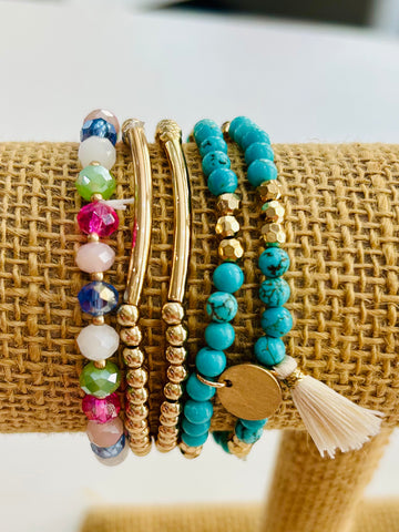Set of Five Natural Stone and Metal Tone Beaded Stretch Bracelets