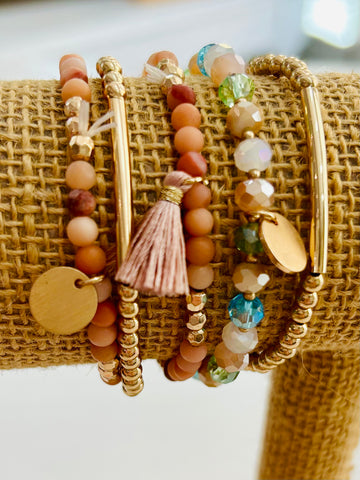 Set of Five Natural Stone and Metal Tone Beaded Stretch Bracelets