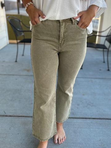 Acid Washed Bootcut Pants - Light Olive