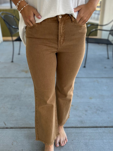 Acid Washed Bootcut Pants - Deep Camel