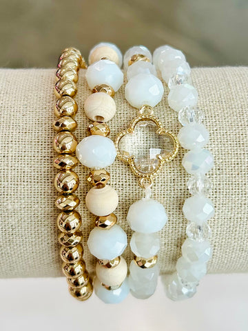 Clover Beaded Stretch Bracelet Set - White