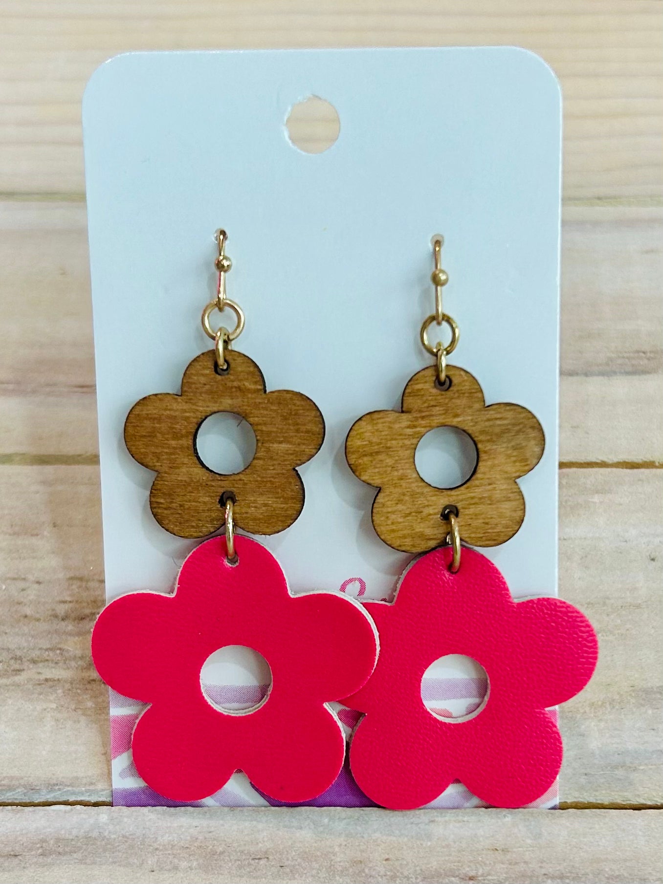 Linked Wood And Leather Flower Drop Earrings